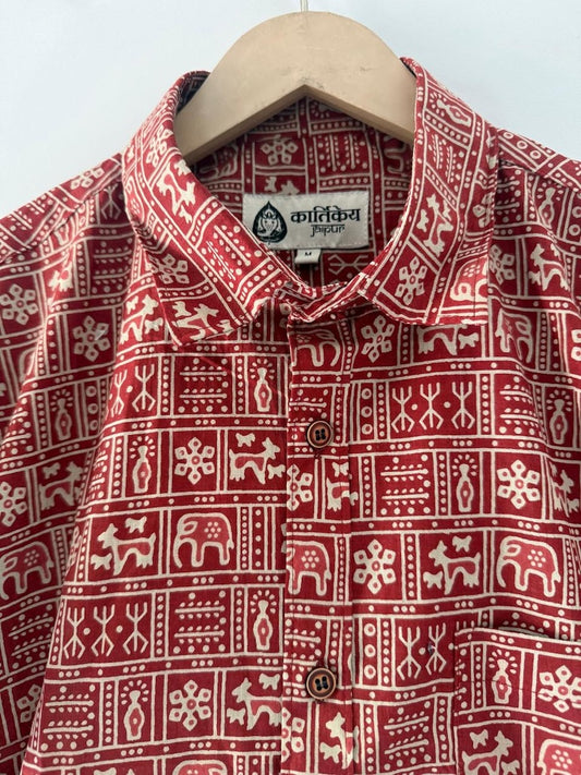 Red Tribal Print Cotton Classic Shirt for Men