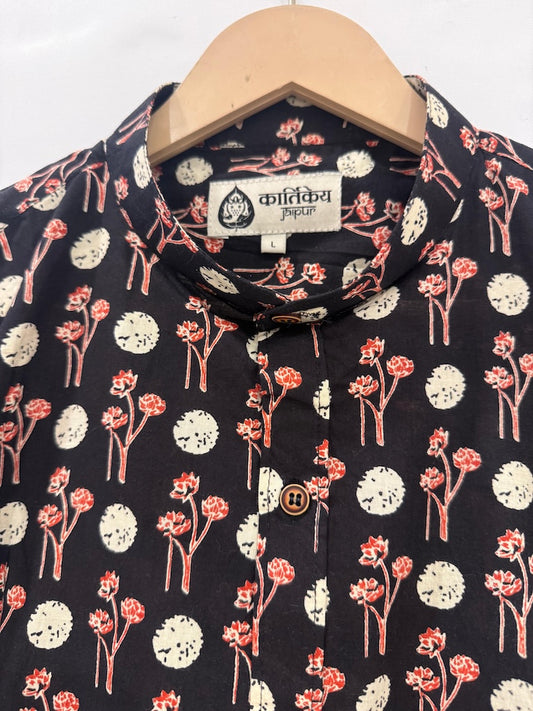 Polka Mandarin Collar Floral Cotton Shirt for Men