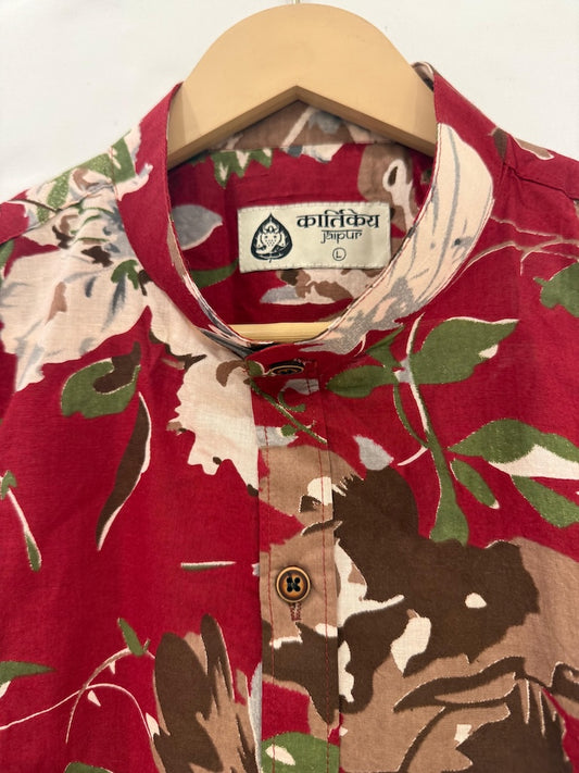 Classic Red Mandarin Collar Floral Cotton Shirt for Men - Goa Edit
