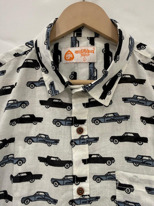 Handcrafted Car Print Vintage Cotton Shirt for Men