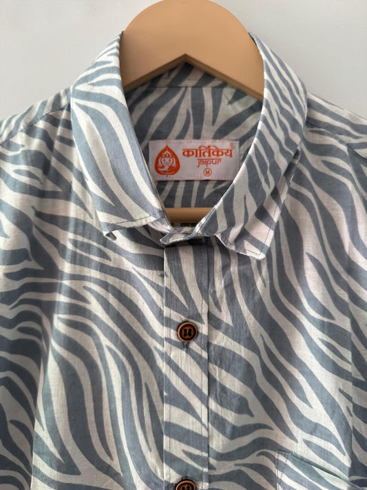 Grey Zebra Print Cotton Shirts For Men
