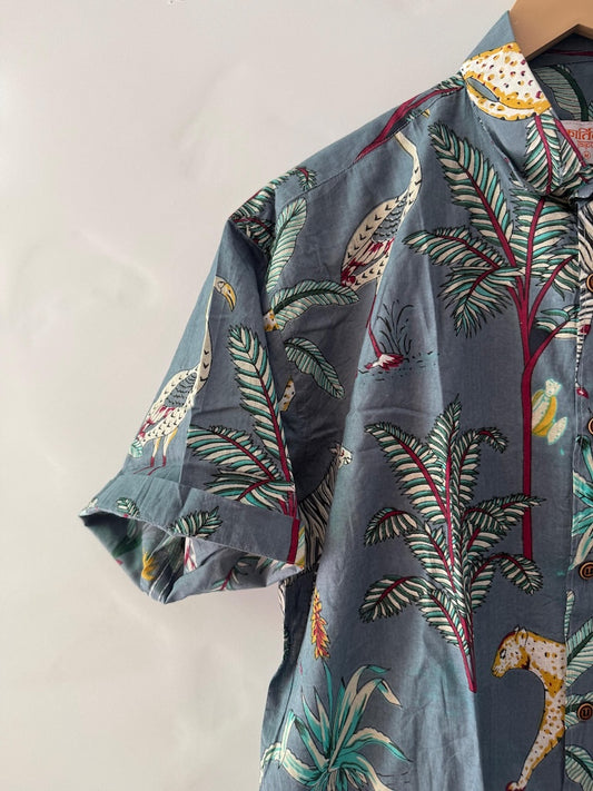 Grey Jungle Print Cotton Shirts For Men