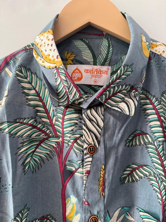 Grey Jungle Print Cotton Shirts For Men