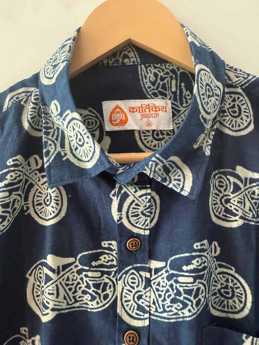 Indigo Block Print Cotton Shirt For Men - Vintage Bike