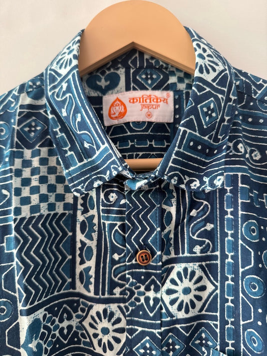 Indigo Block Print Cotton Shirt For Men