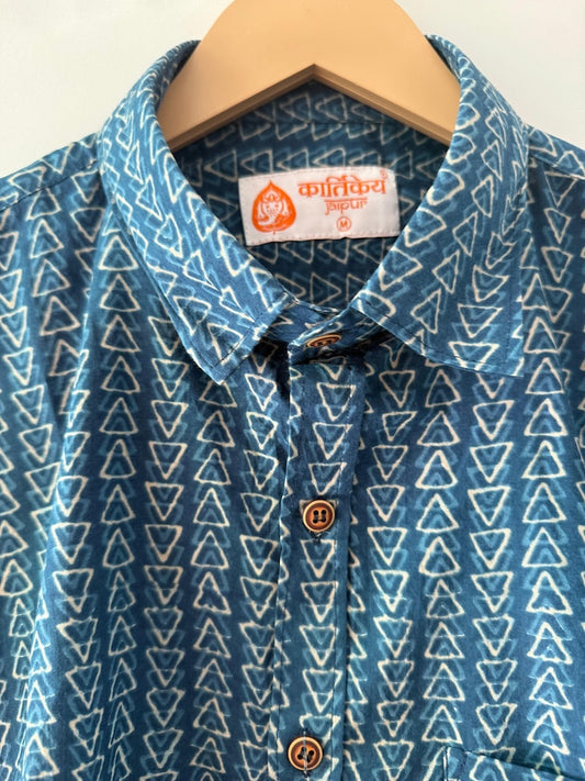 Indigo Block Print Cotton Shirt For Men