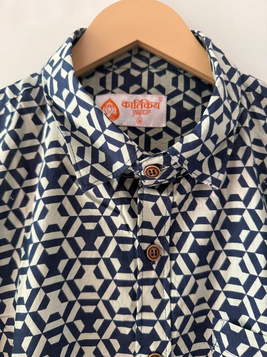 Indigo Block Print Cotton Shirt For Men