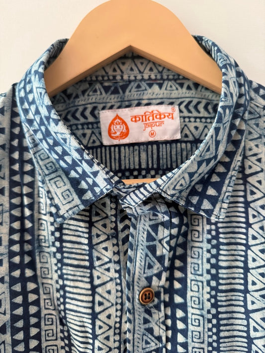 Indigo Block Print Cotton Shirt For Men