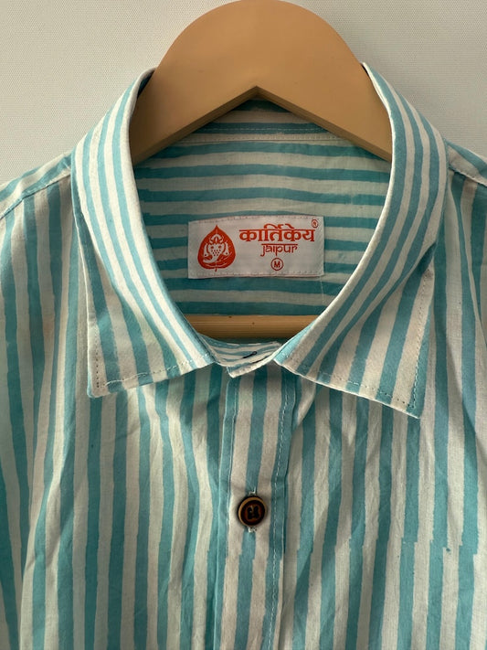 Blue Stripes Block Print Cotton Shirts For Men