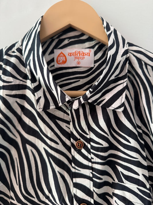 Black Zebra Print Cotton Shirts For Men