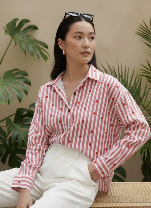 Women Conversational Striped Cotton Causal Shirt ( Dark Pink )