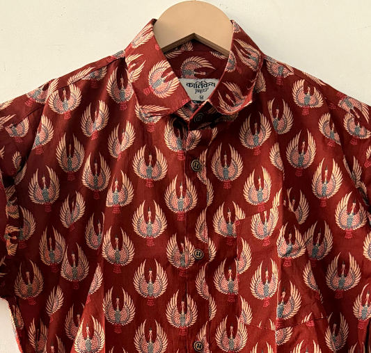 Sanganeri Print Maroon Cotton Half Shirt For Men