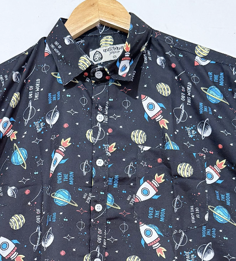 Space Print Cotton Blend Casual Shirt For Men - Black