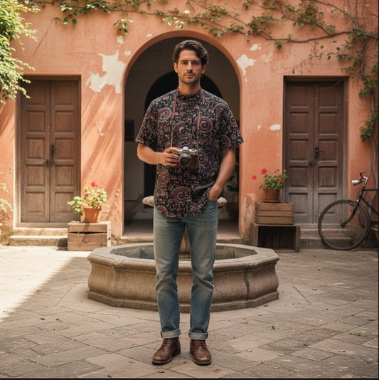 Tribal Print Vintage Cotton Shirt for Men - Red