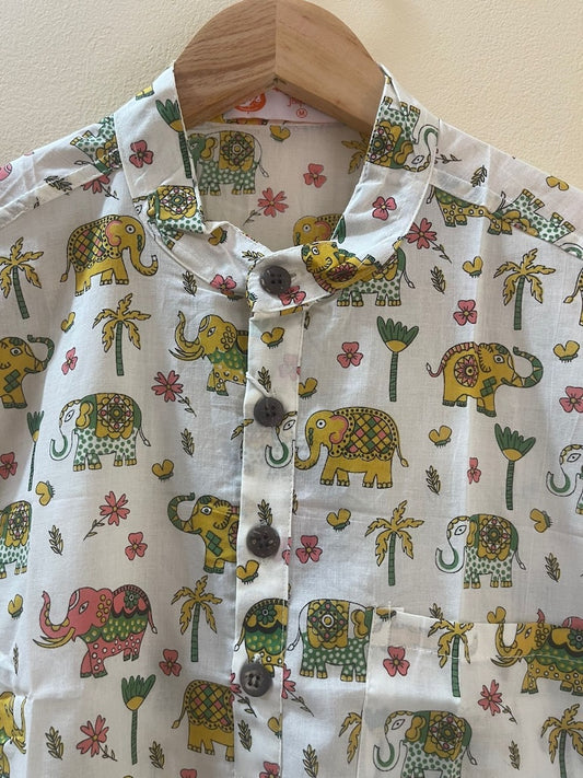 Cute Elephant Print Half Sleeve Cotton Short Kurta for Men