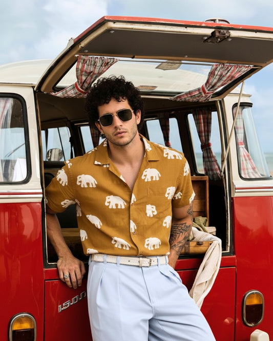 Yellow Bold Elephant Print Shirt for Men