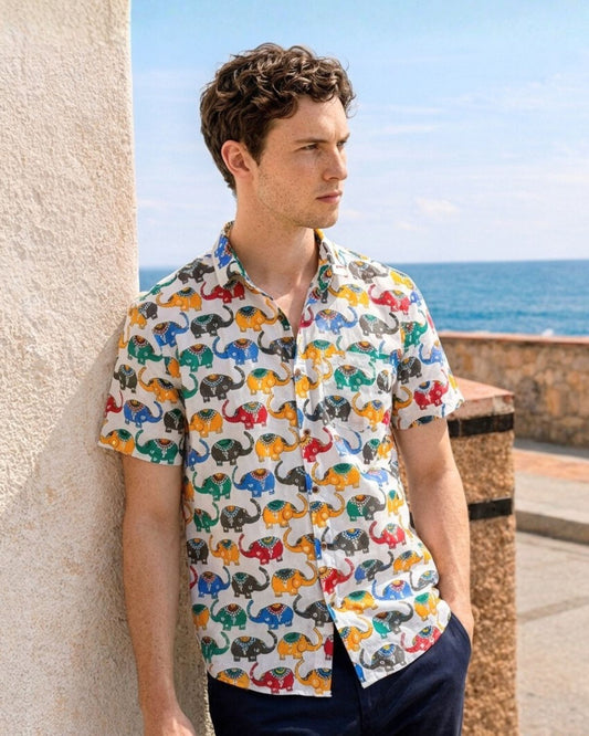 Kartikeya Jaipur Elephant Print Vintage Shirt for Men