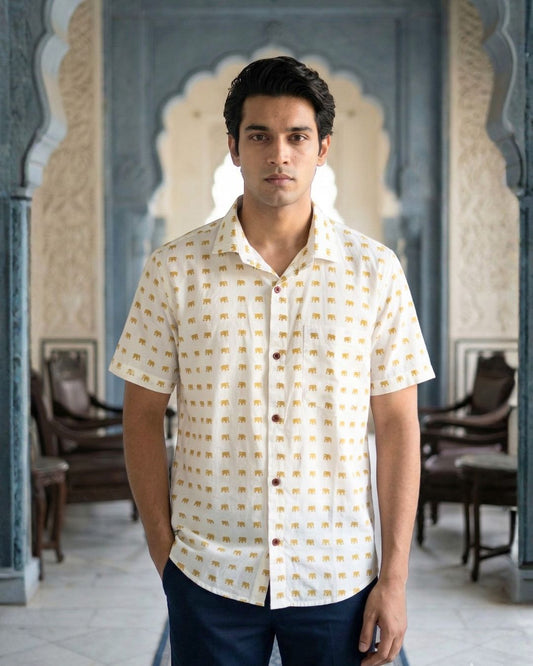 Cotton Half Sleeve Yellow Elephant Print Shirt for Men