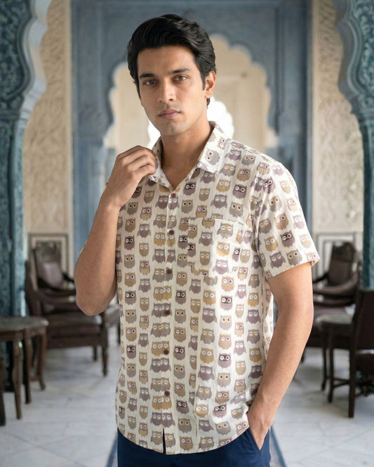 Cute Owl Men's Cotton Shirt - Kartikeya Jaipur