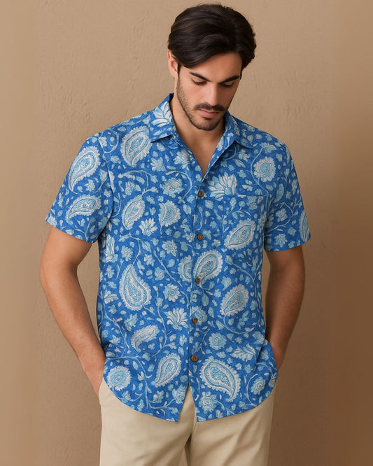 Ethnic Floral Print Cotton Half Sleeve Shirt