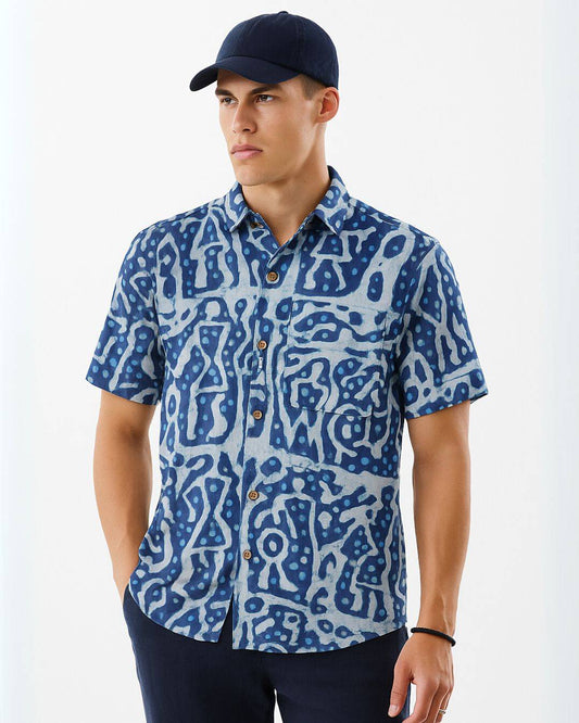 Abstract Indigo Print Cotton Shirt
