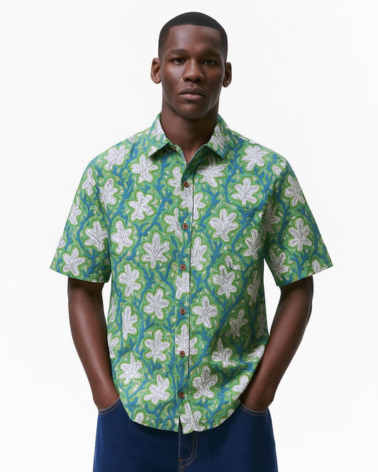 Ethnic Green Floral Block Print Cotton Shirt