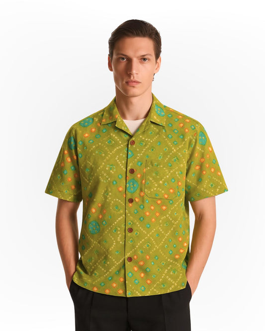 Olive Green Bandhej Print Men's Cotton Shirt