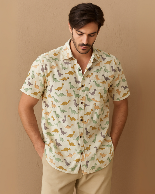 Dinosaur Print Half Sleeve Cotton Men's Shirt