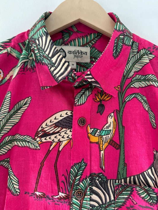Pink Jungle Print Vintage Short Sleeve Men's Shirt