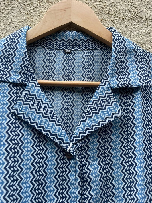 Indigo Print Half Sleeve Cotton Shirt for Women