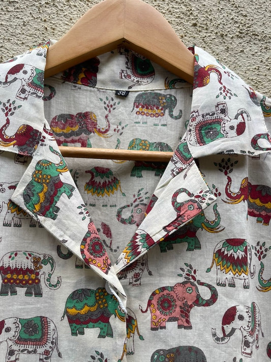 Elephant Print Half Sleeve Cotton Shirt for Women