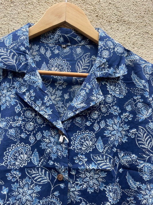 Indigo Print Half Sleeve Cotton Shirt for Women