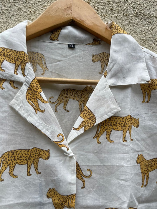 Leopard Print Half Sleeve Cotton Shirt for Women