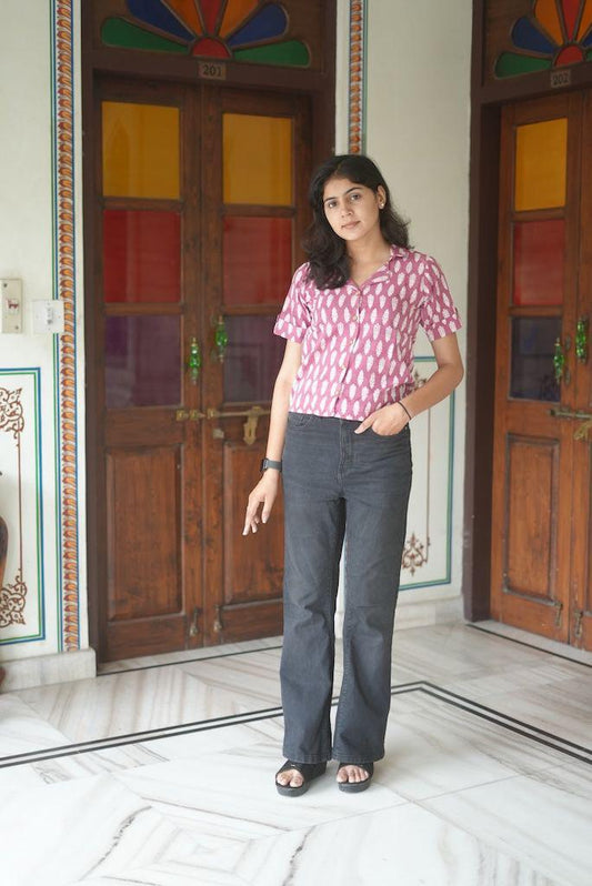 Floral Bagru Print Plus Size Cotton Shirt For Women