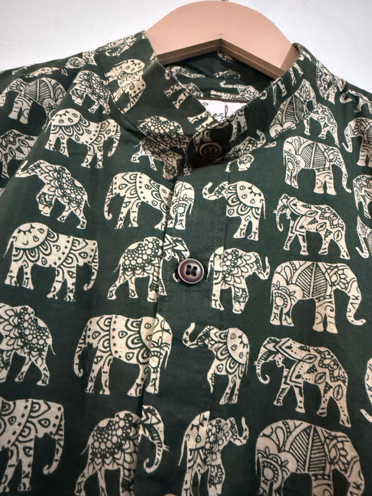 Chinese Collar Elephant Print Cotton Shirt For Mens