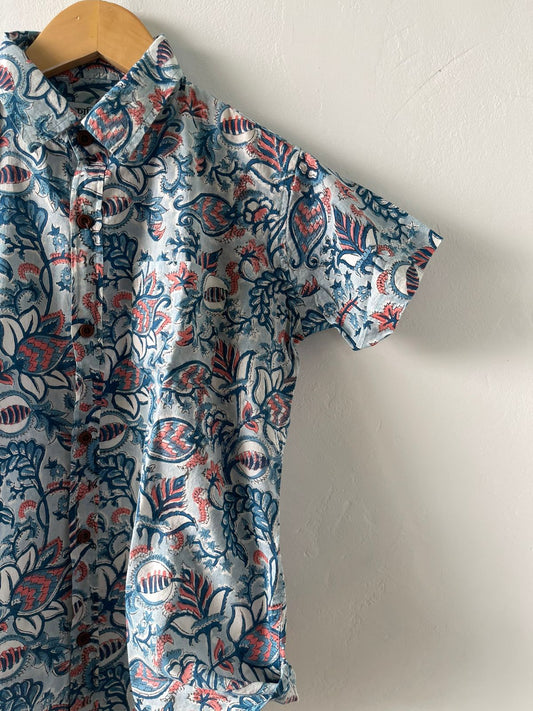 Bagru Print Stylish Boys Half Sleeve Cotton Shirt- Oversized