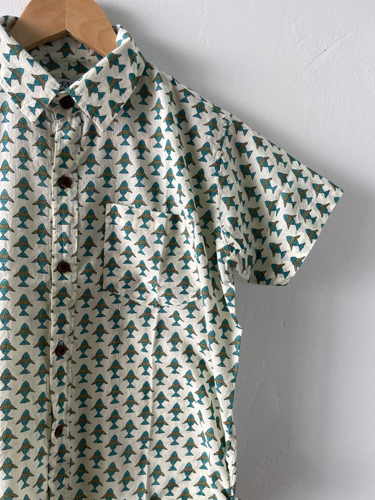 Cute Fish Hand Block Printed Kids Cotton Shirt- Oversized