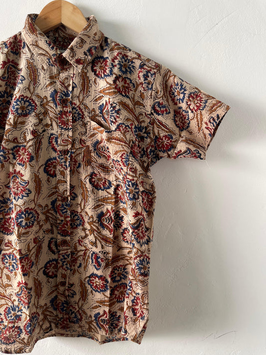 Katha Print Vintage Half Sleeve Cotton Shirt- Oversized