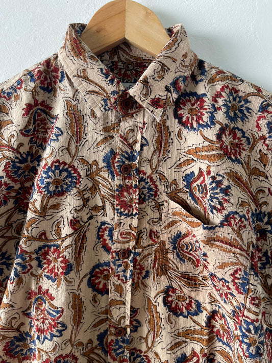 Katha Print Vintage Half Sleeve Cotton Shirt- Oversized