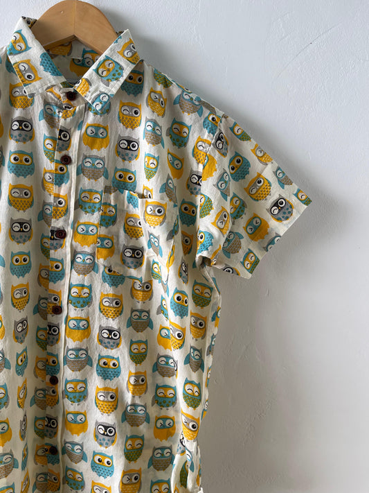 Kids Owl Print Cotton Shirt- Oversized