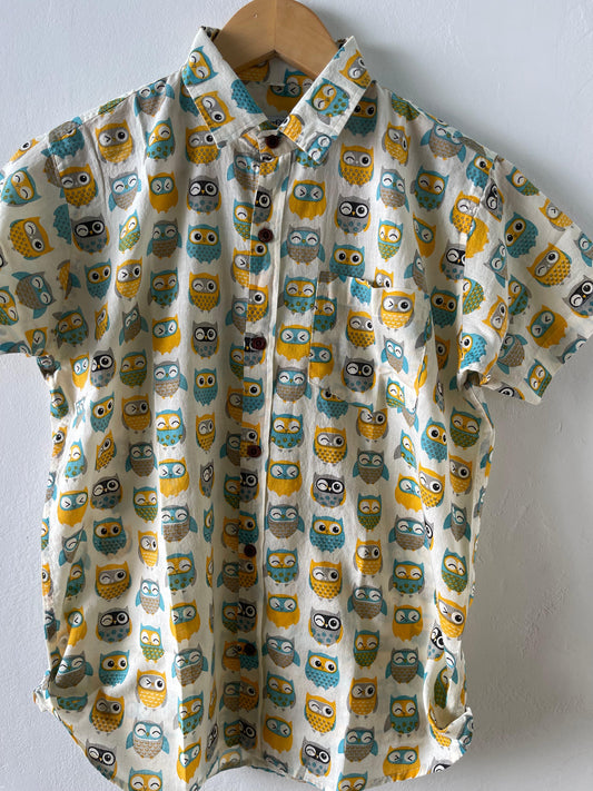 Kids Owl Print Cotton Shirt- Oversized