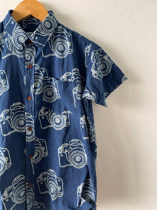 Classic Camera Print Indigo Vintage Shirt- Oversized