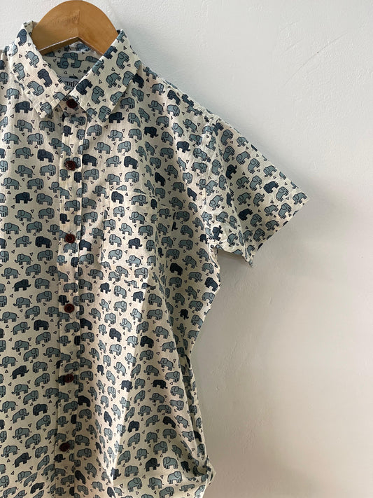 Elephant Print Sanganeri Print Shirt - Grey- Oversized