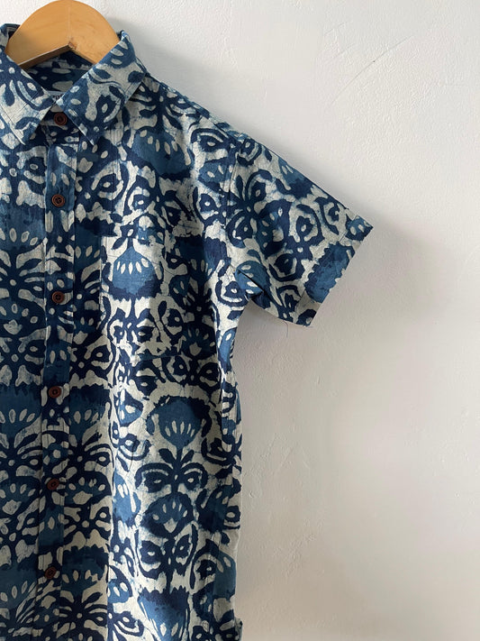 Hand Block Indigo Print Kids Cotton Shirt- Oversized