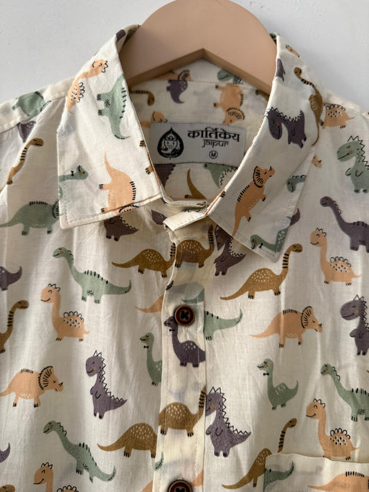 Dinosaur Print Half Sleeve Cotton Men's Shirt