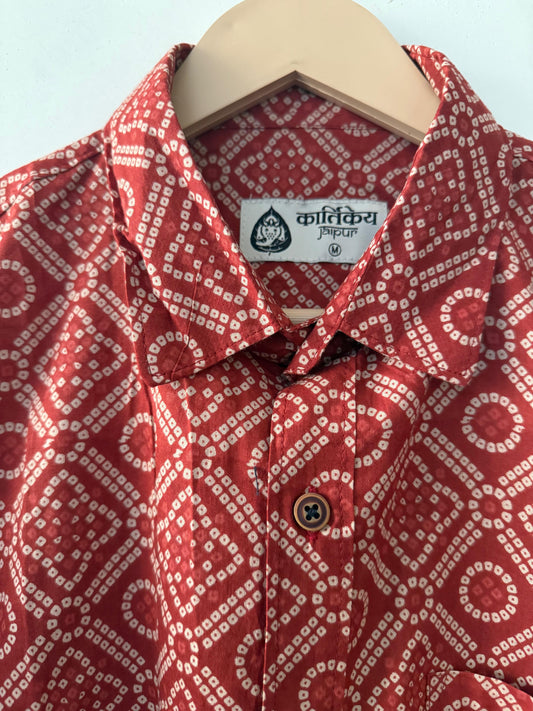 Red Bandhej Print Cotton Shirt for Men - Roka Ceremony
