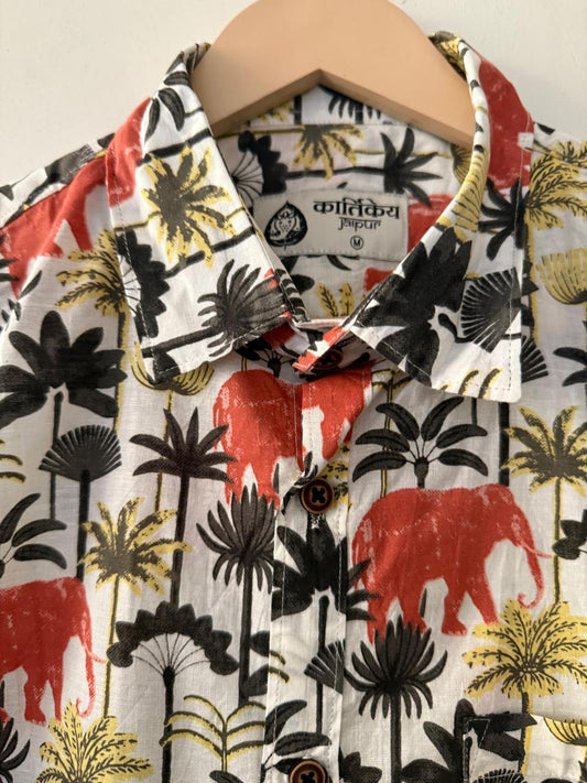 Elephant Print Men's Half Sleeves Cotton Shirt