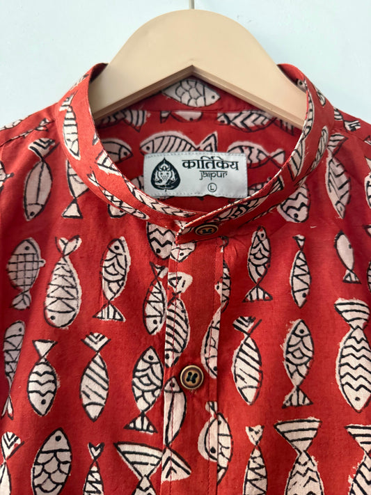 Half Sleeve Fish Natural Print Shirt for Men - Mandarin Collar