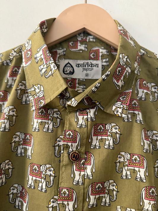 Green Elephant Print Half Sleeve Men's Shirt