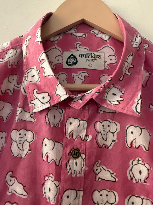 Quirky Elephant Print Cotton Shirt - Pink